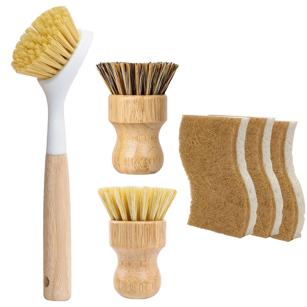 Dish Brush Bamboo - ชุดแปรงล้างจานและฟองน้ำไม้ไผ่ 6 ชิ้น, แปรงขัดครัวด้ามไม้พร้อมหัวใยไซซอลและใยปาล์มธรรมชาติ
