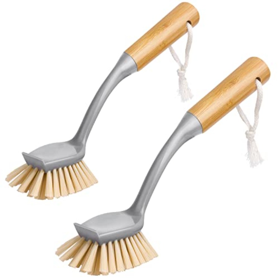 Dish Brush Bamboo - แปรงล้างจานพร้อมด้ามไม้ไผ่ในตัว พร้อมที่ขูด 2 ชิ้น แปรงขัดสำหรับล้างจาน กระทะ